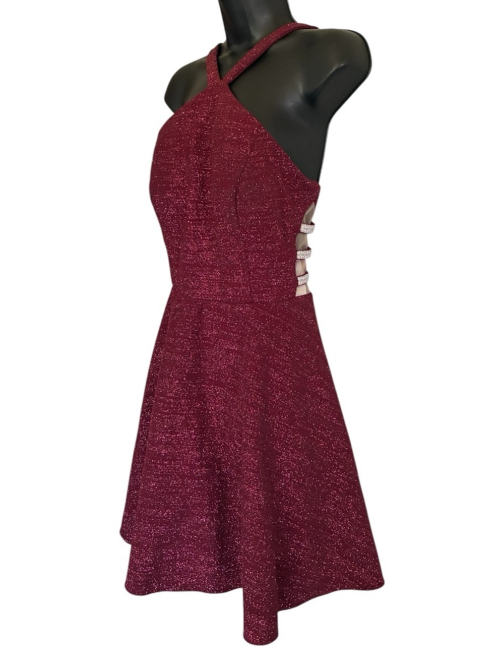 NWT Xscape Shimmery Glitter Burgundy Wine Halter Mini Party Dress - Size 10 - Picture 2 of 9